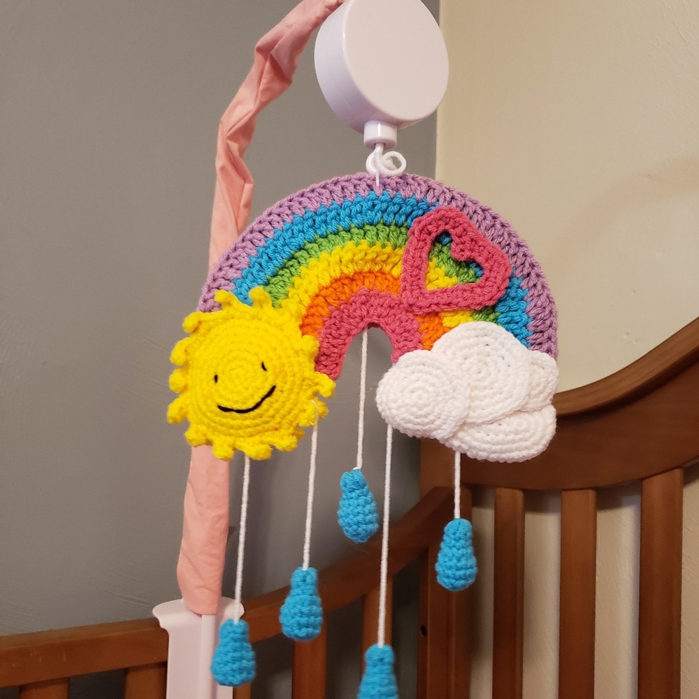 Hand crocheted rainbow baby mobile